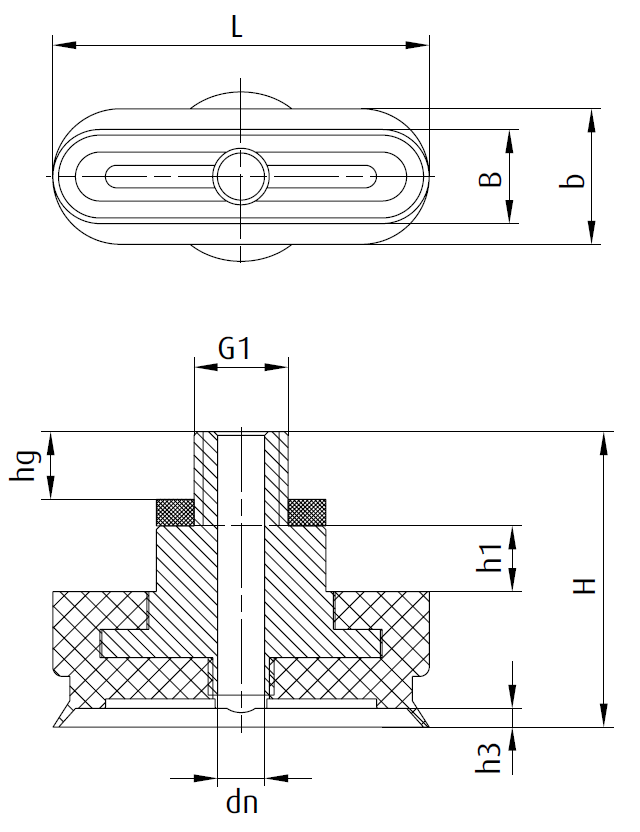 Размер овальной вакуумной присоски FIPA серии SO-E чертеж A